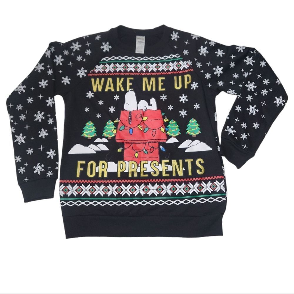 PEANUTS Black Ugly Christmas‎ Sweater Snowflake Lights Size XS (1)